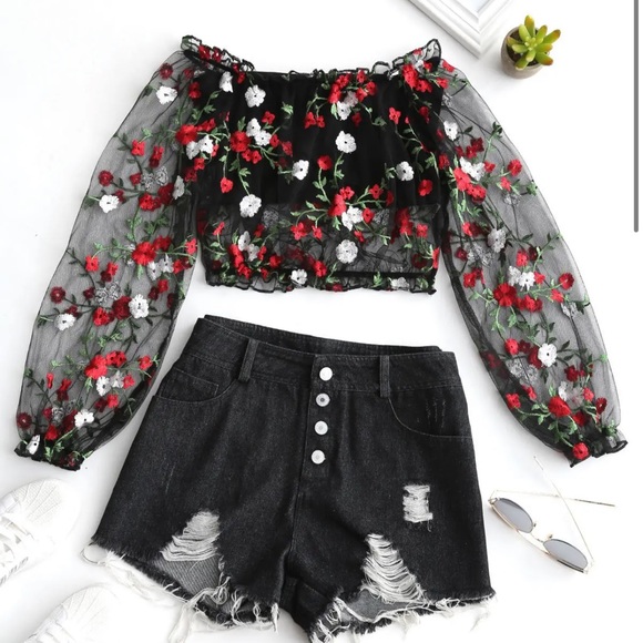 floral embroidered mesh top - Picture 3 of 8